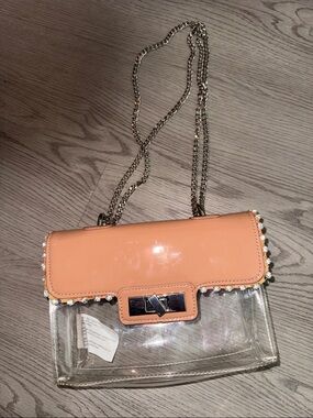 Tan Patent Trim Clear Shoulder Bag with Chain Strap